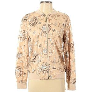 $298 CHICOS BLACK LABEL Beige Tan Silver Sequin Bomber Floral Jacket Embellished